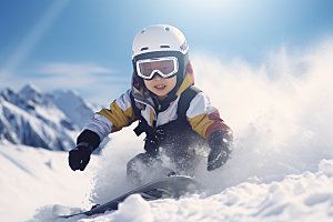 儿童滑雪健康小运动员摄影图