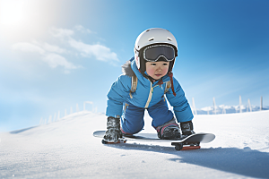 儿童滑雪极限运动锻炼摄影图