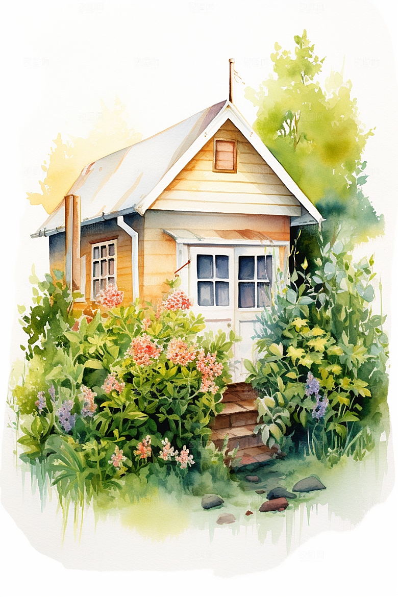 自然小屋绿植高清水彩插画