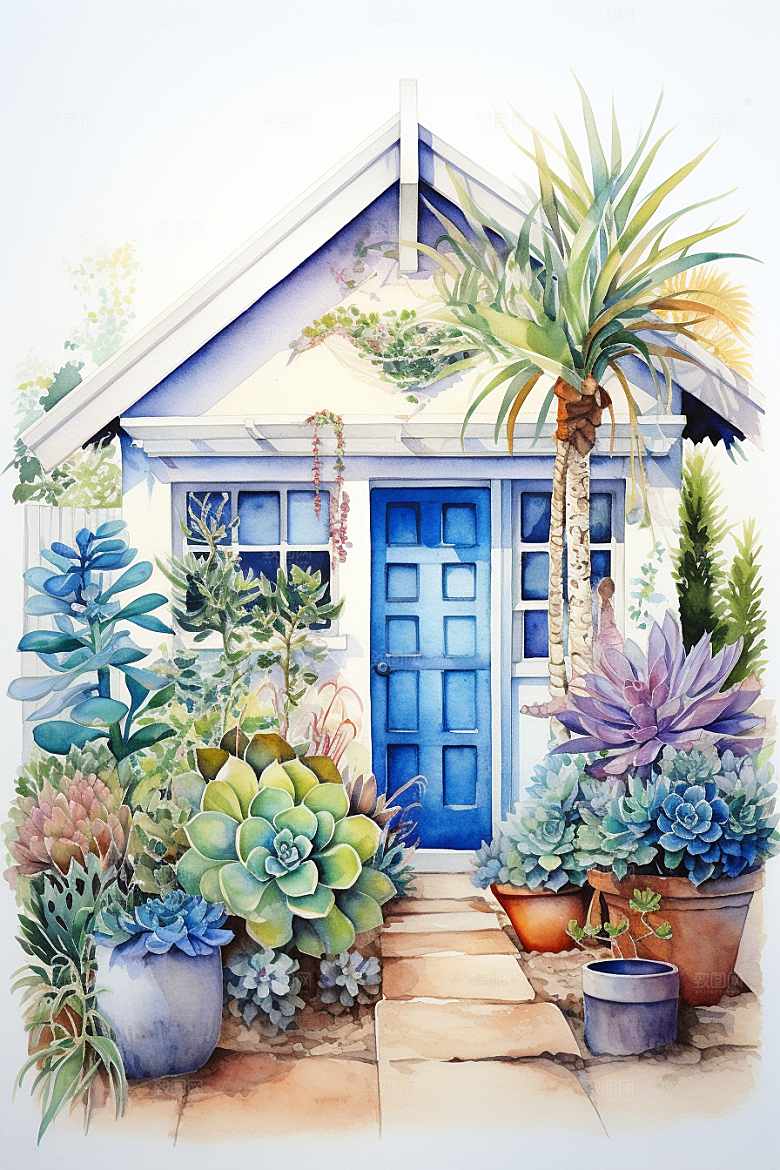 自然小屋花草绿色水彩插画