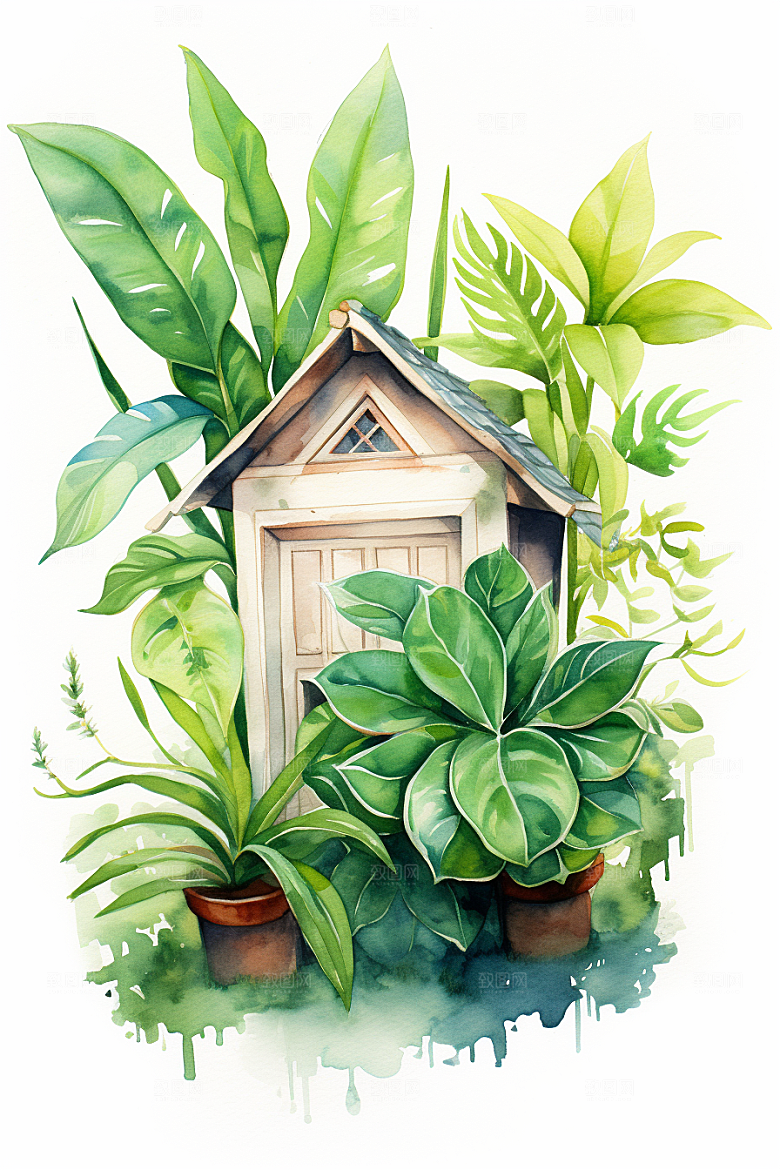 自然小屋植物小院水彩插画