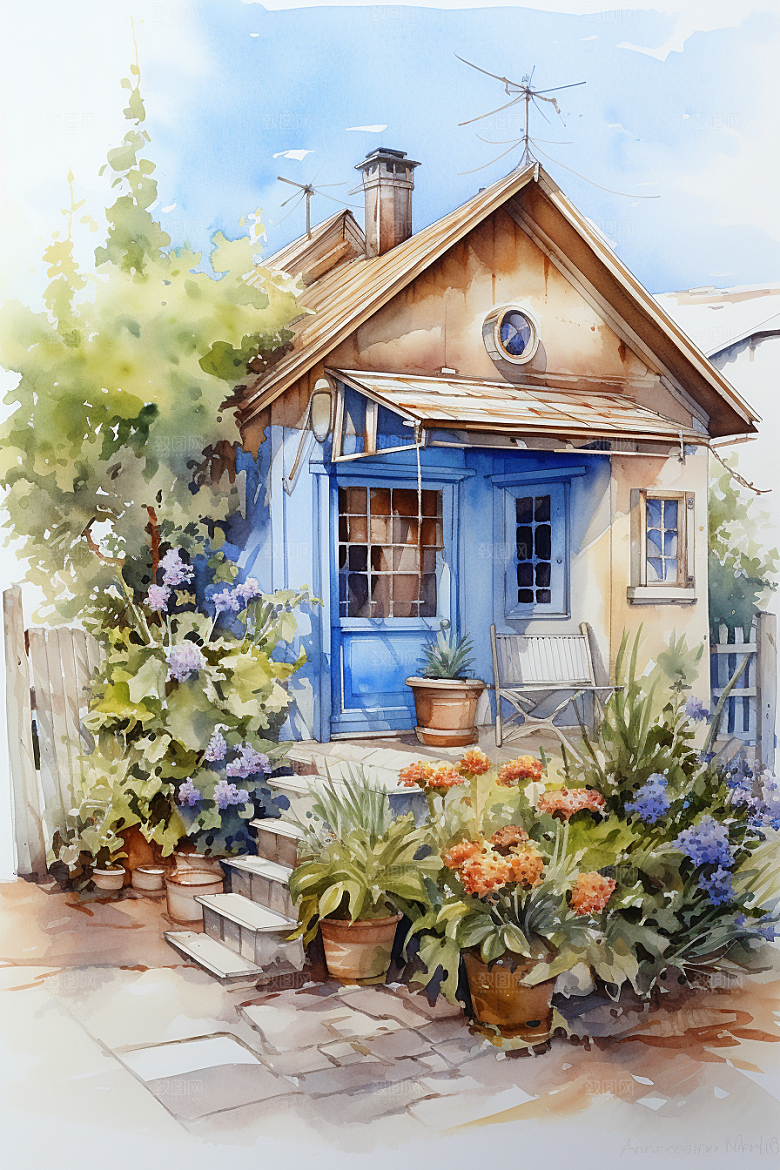自然小屋植物手绘水彩插画