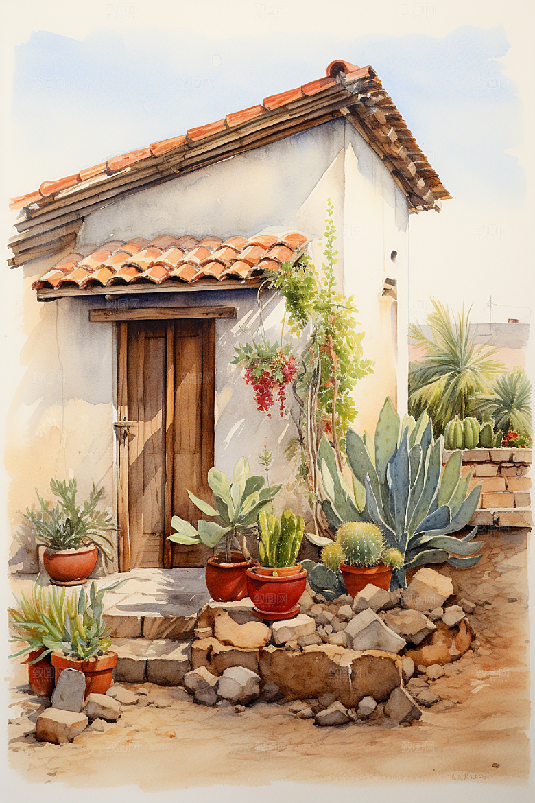 自然小屋花草唯美水彩插画