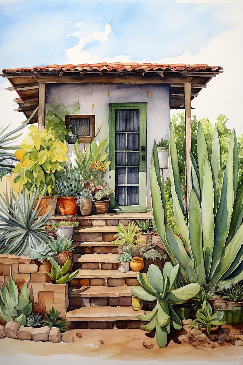 自然小屋植物绿植水彩插画