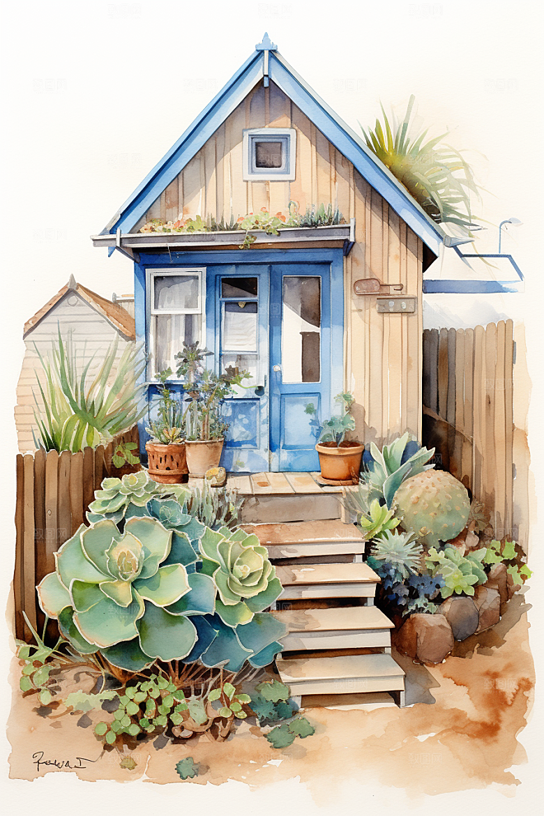 自然小屋别墅唯美水彩插画