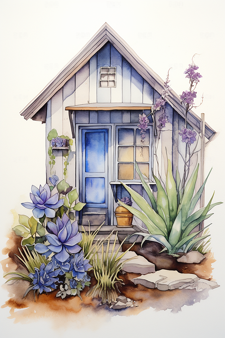 自然小屋植物别墅水彩插画