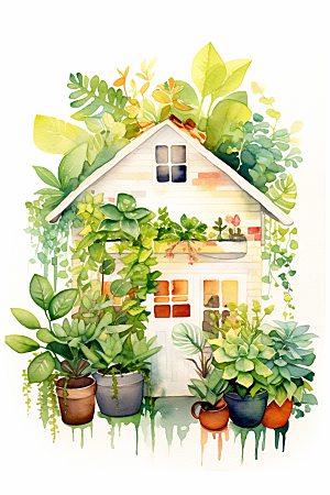 自然小屋绿色绿植水彩插画