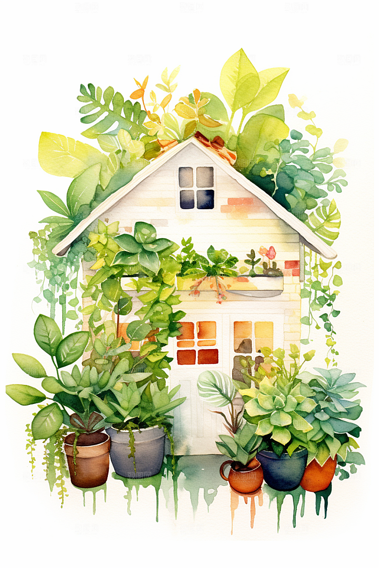 自然小屋绿色绿植水彩插画
