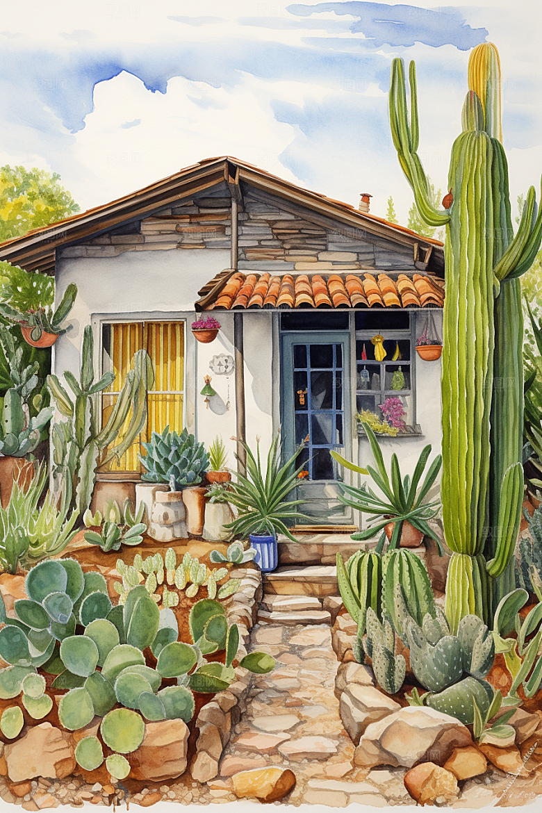 自然小屋绿色别墅水彩插画