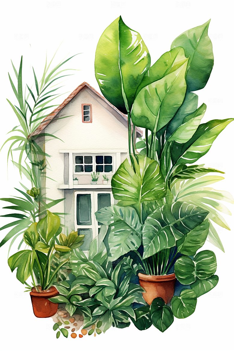 自然小屋清新小院水彩插画