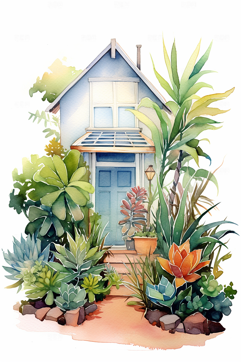 自然小屋高清小院水彩插画