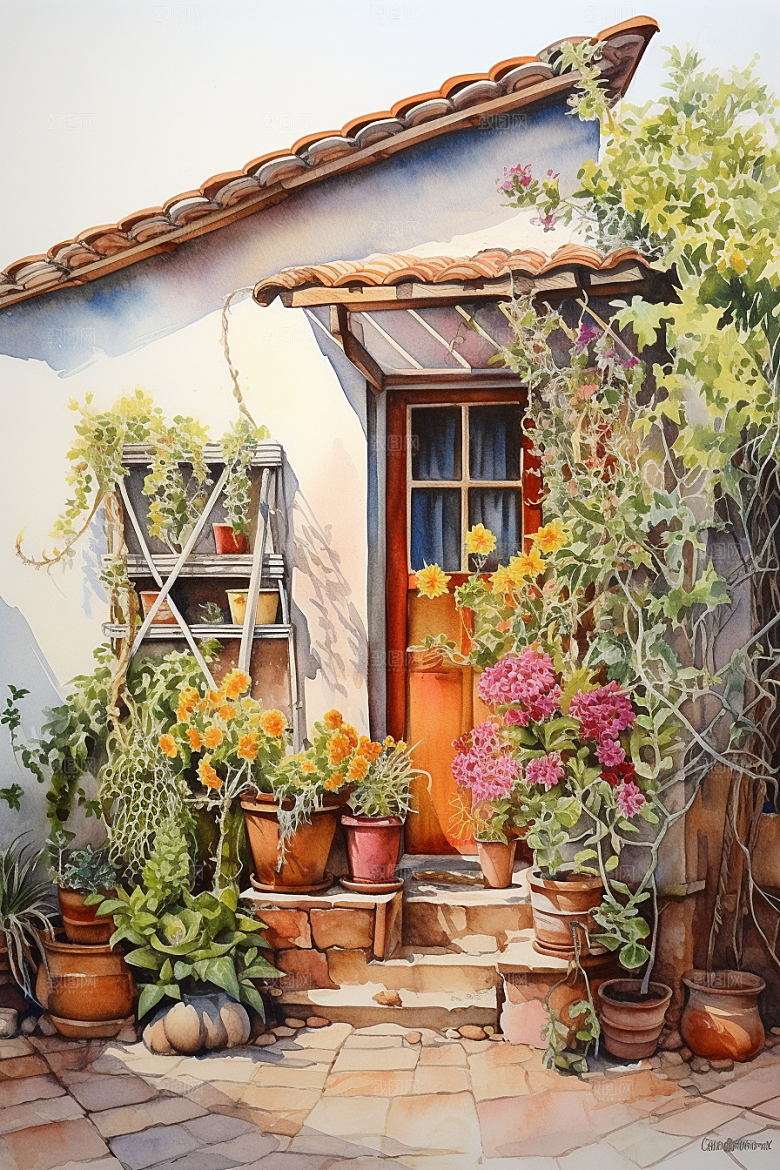 自然小屋高清清新水彩插画