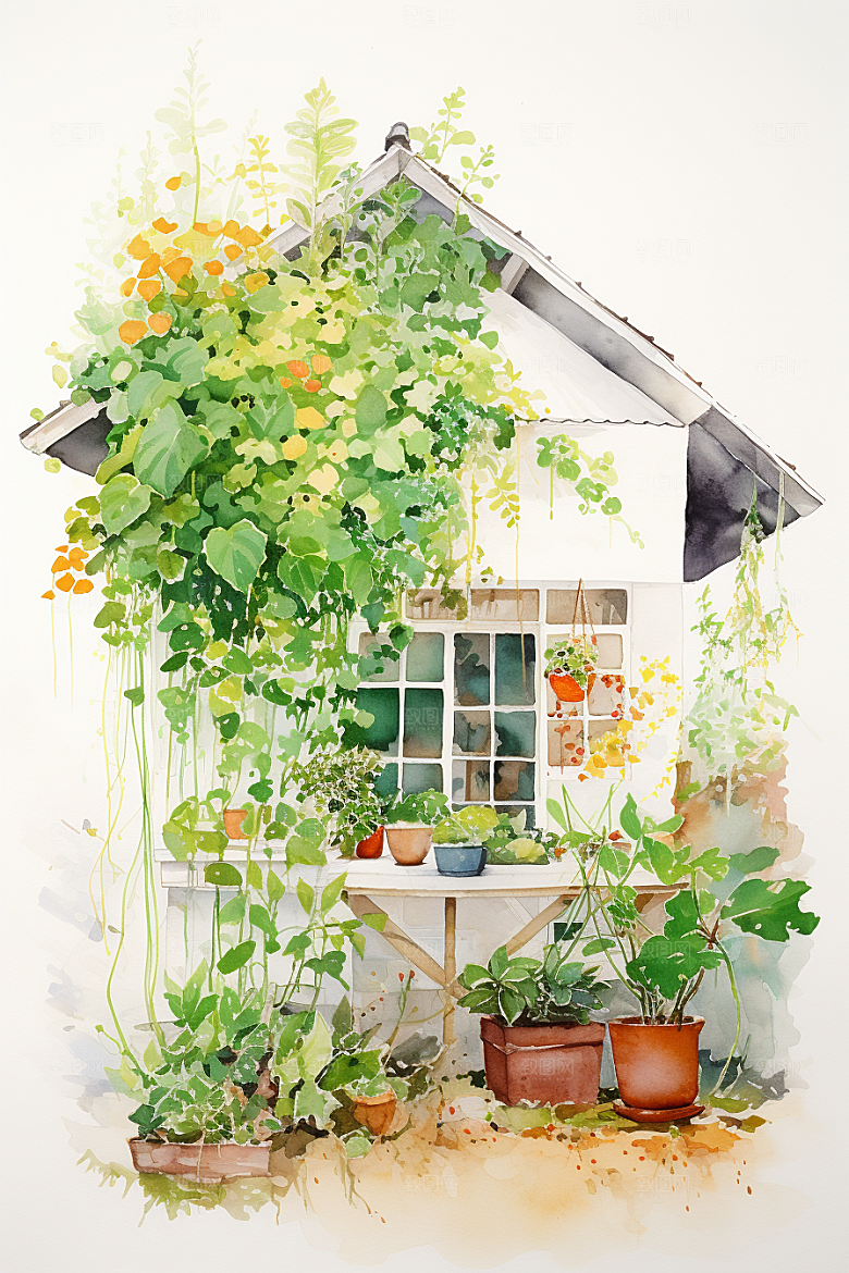 自然小屋小院绿色水彩插画