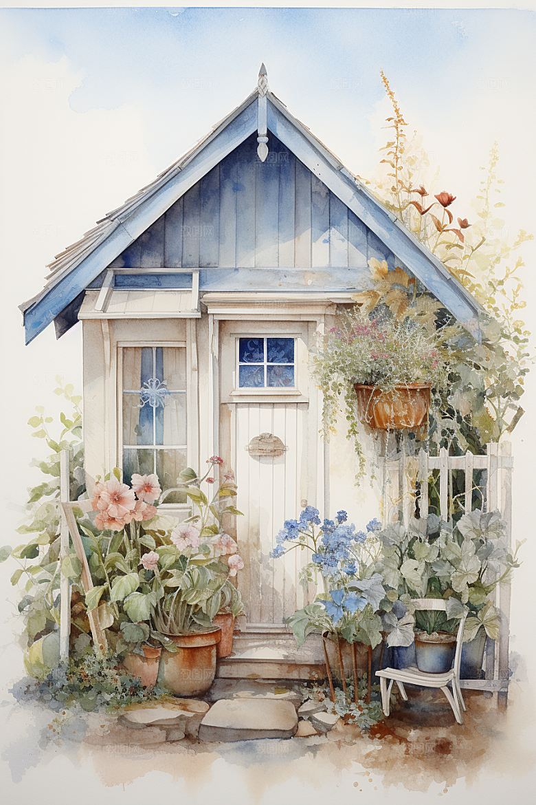 自然小屋清新绿色水彩插画