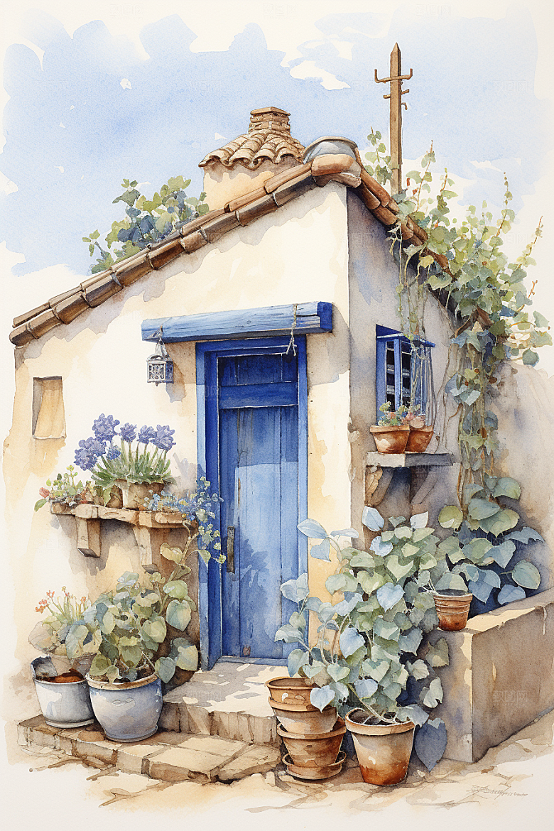 自然小屋庭院绿植水彩插画