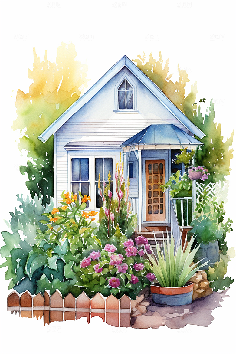 自然小屋清新小院水彩插画