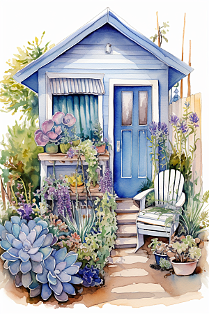 自然小屋庭院手绘水彩插画