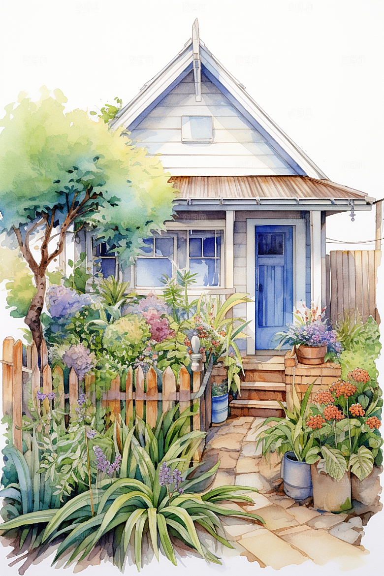 自然小屋绿植植物水彩插画
