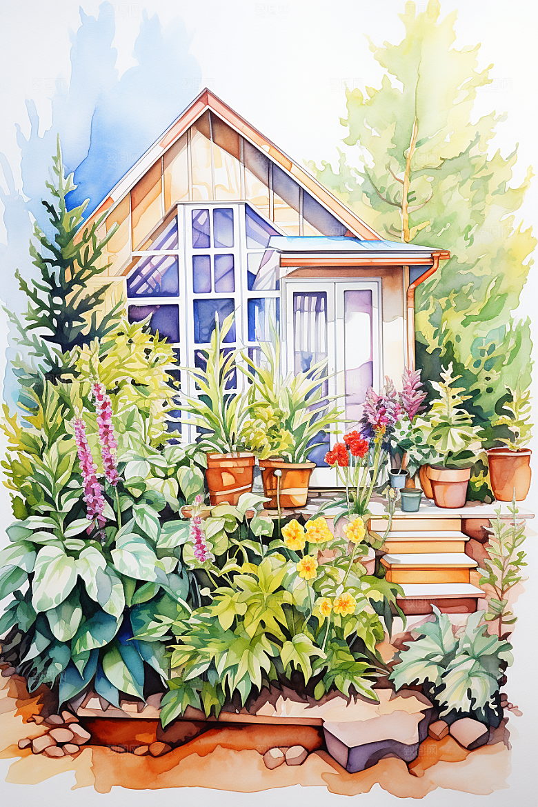 自然小屋唯美花草水彩插画