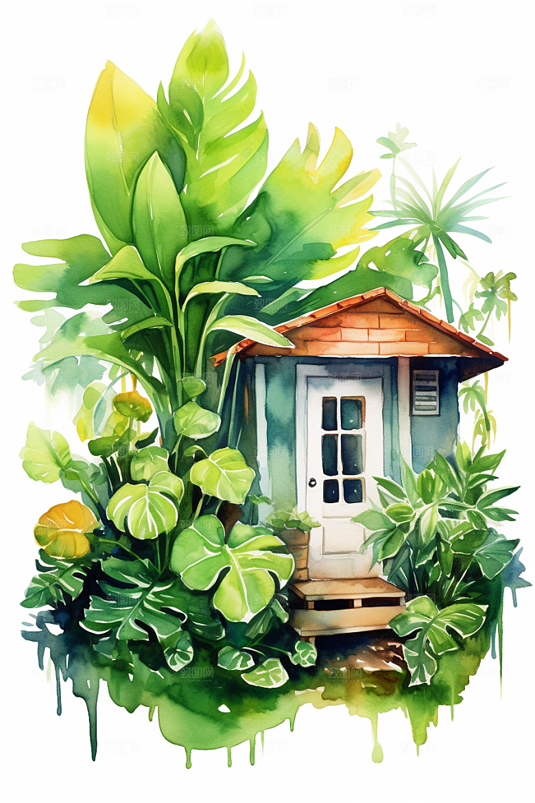 自然小屋绿色花草水彩插画