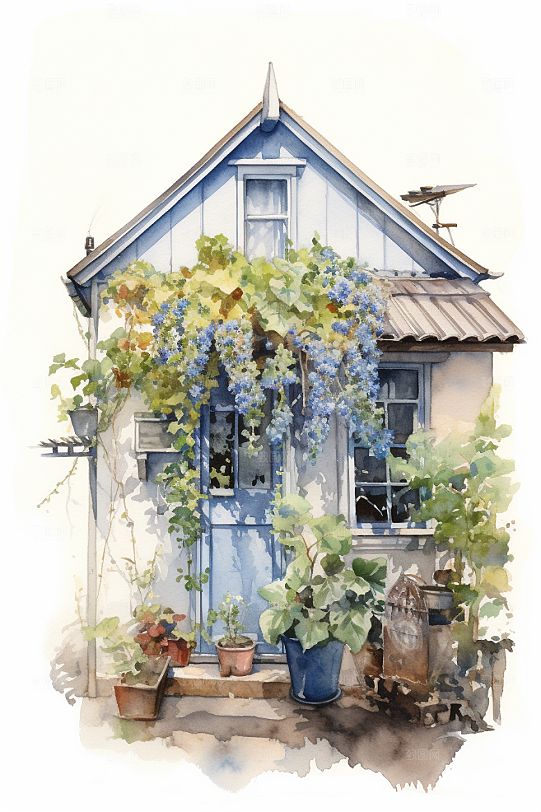 自然小屋庭院别墅水彩插画