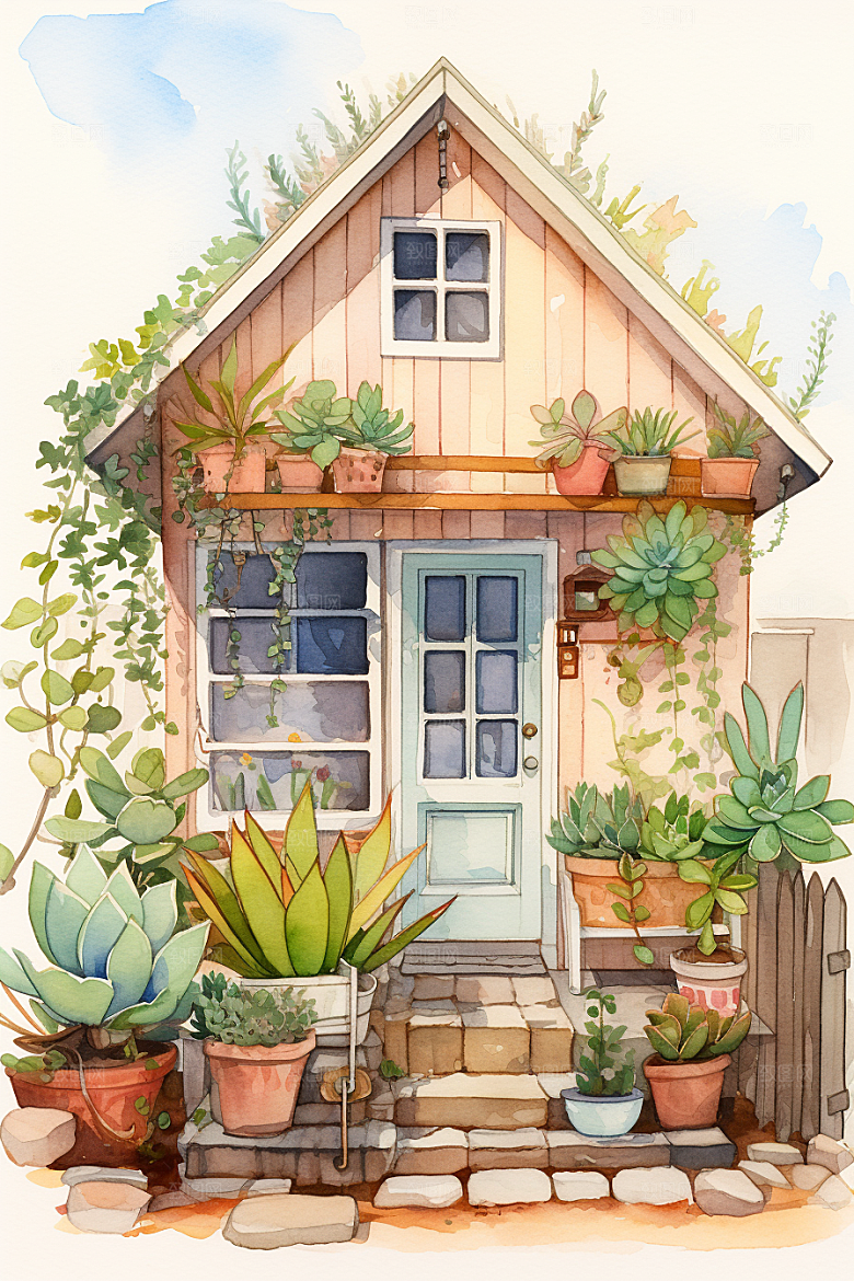 自然小屋手绘绿植水彩插画