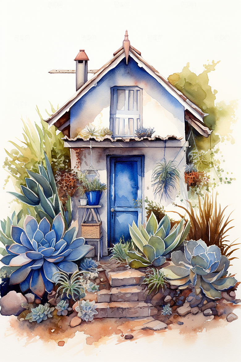 自然小屋手绘小院水彩插画
