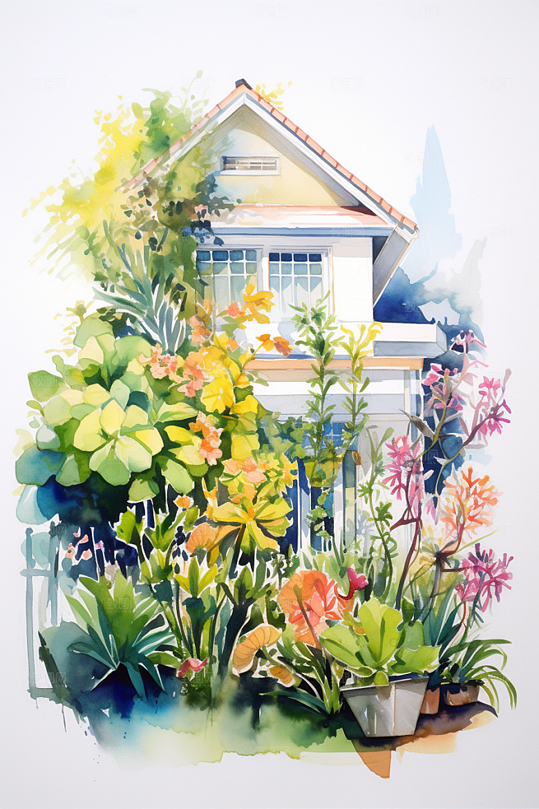 自然小屋花草别墅水彩插画