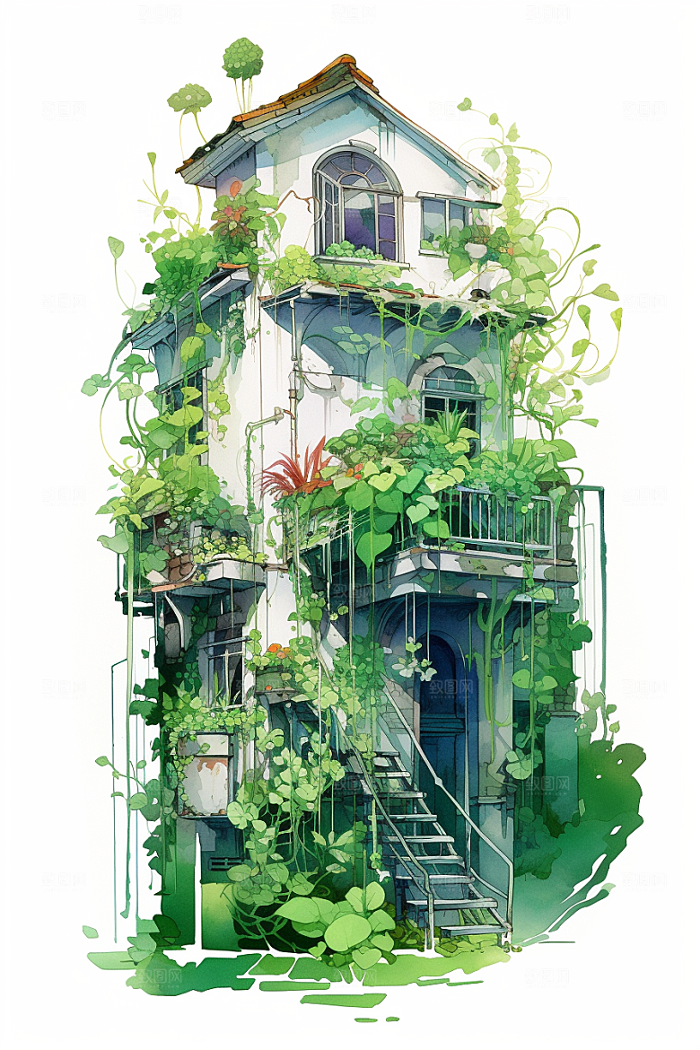 自然小屋高清绿植水彩插画