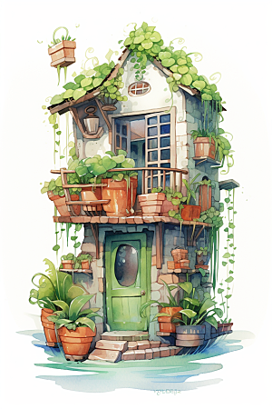 自然小屋绿植庭院水彩插画