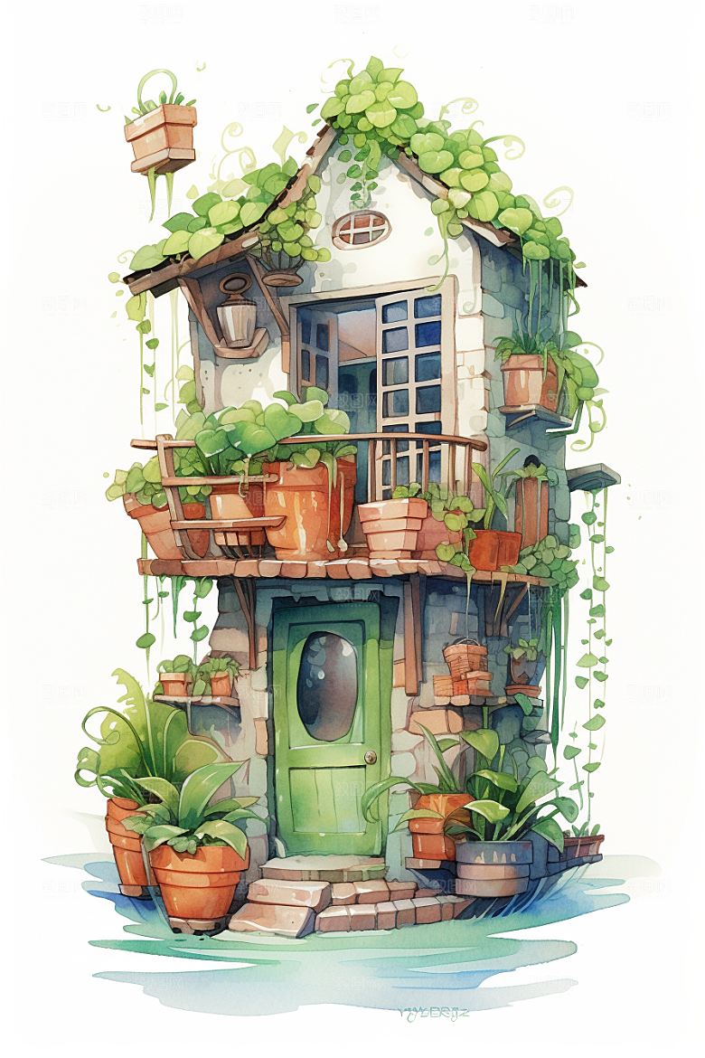 自然小屋绿植庭院水彩插画