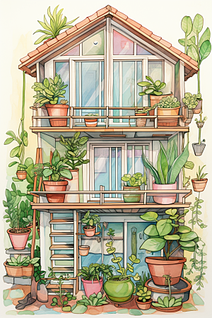 自然小屋花草唯美水彩插画