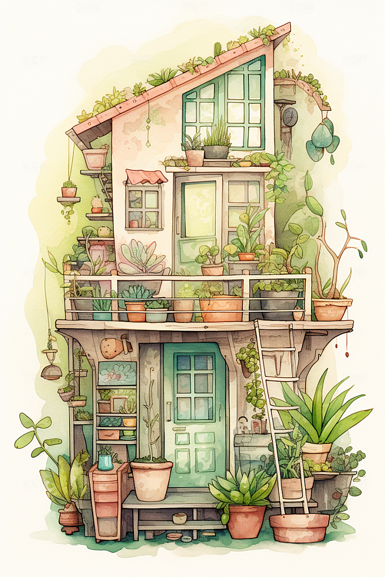 自然小屋小院唯美水彩插画