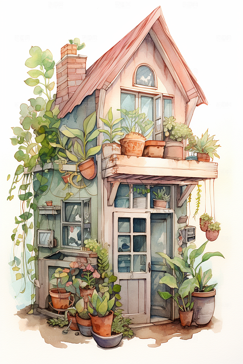 自然小屋小院唯美水彩插画