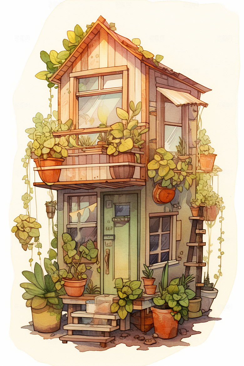自然小屋庭院高清水彩插画