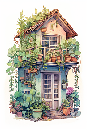 自然小屋唯美手绘水彩插画