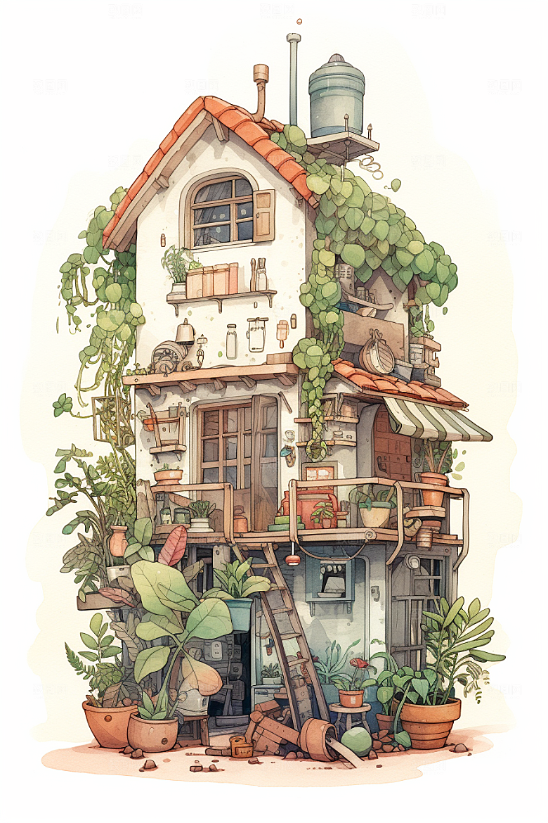 自然小屋清新庭院水彩插画