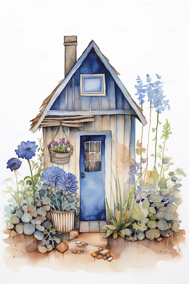 自然小屋手绘绿色水彩插画