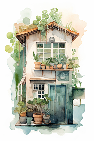 自然小屋花草高清水彩插画