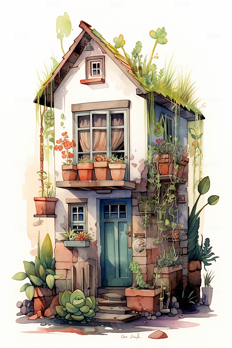 自然小屋绿植清新水彩插画