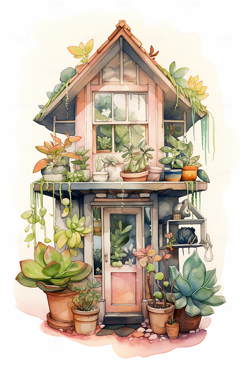 自然小屋绿植高清水彩插画