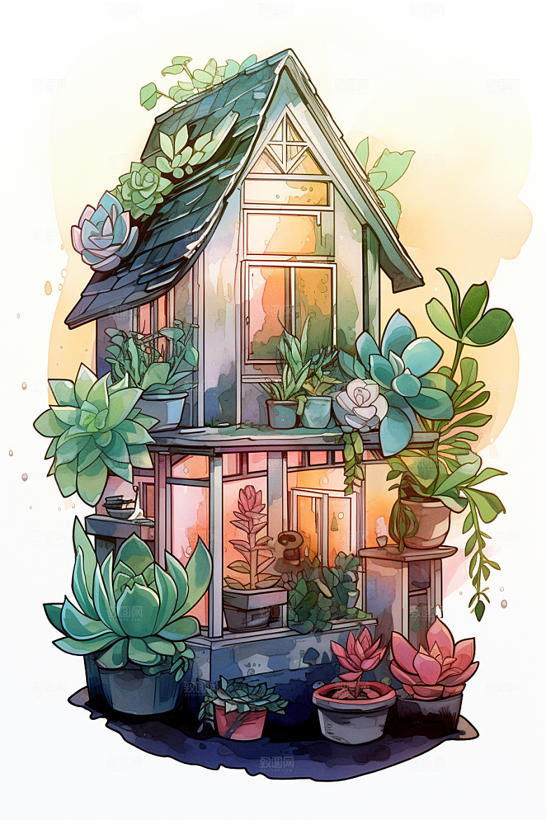 自然小屋庭院绿植水彩插画