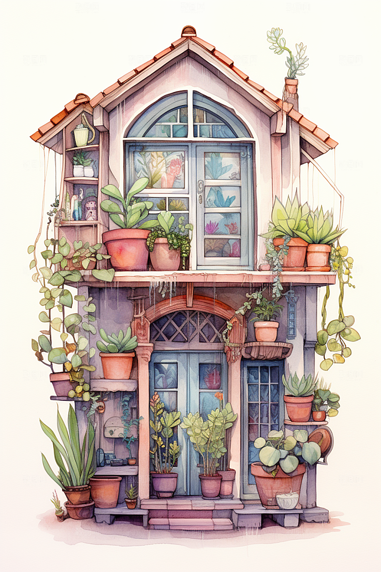 自然小屋花草植物水彩插画