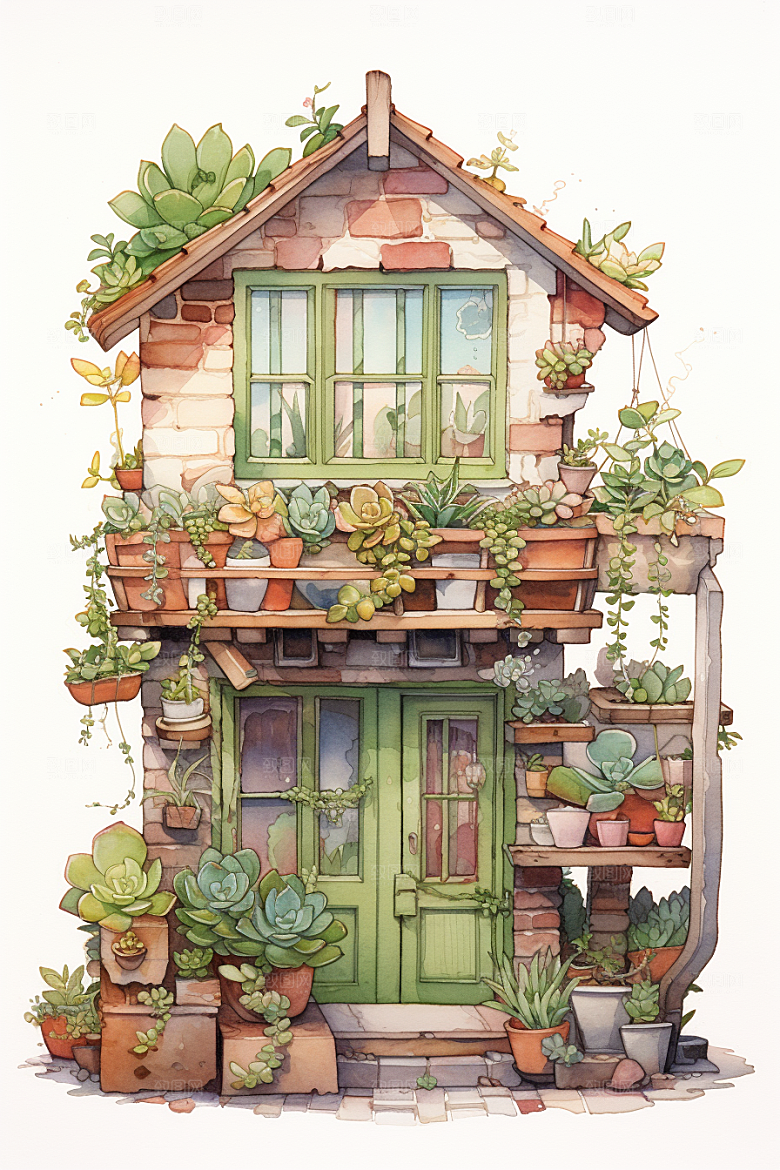 自然小屋绿色植物水彩插画