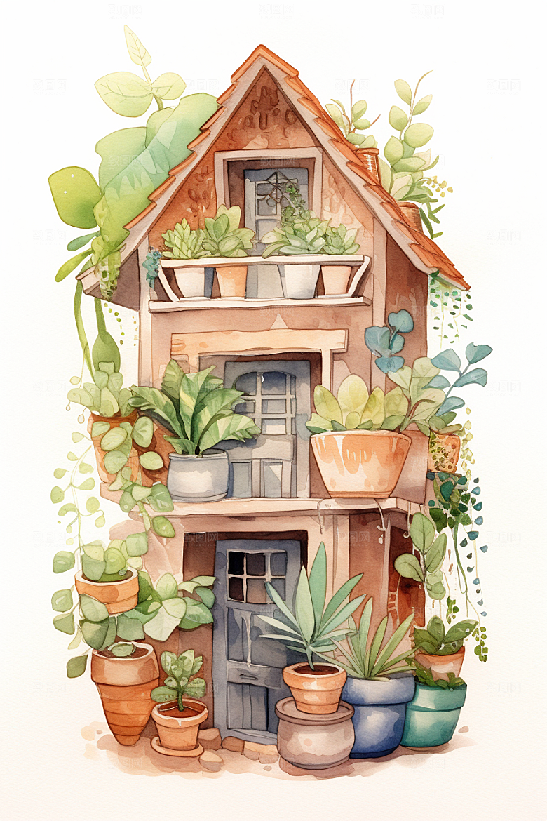 自然小屋别墅植物水彩插画
