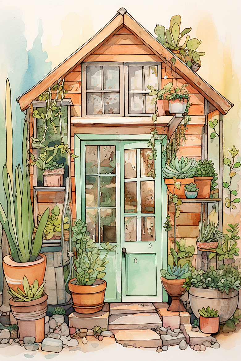 自然小屋小院绿色水彩插画