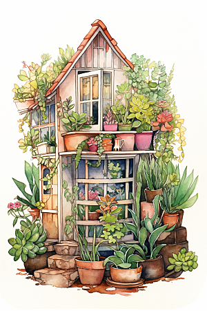 自然小屋庭院高清水彩插画
