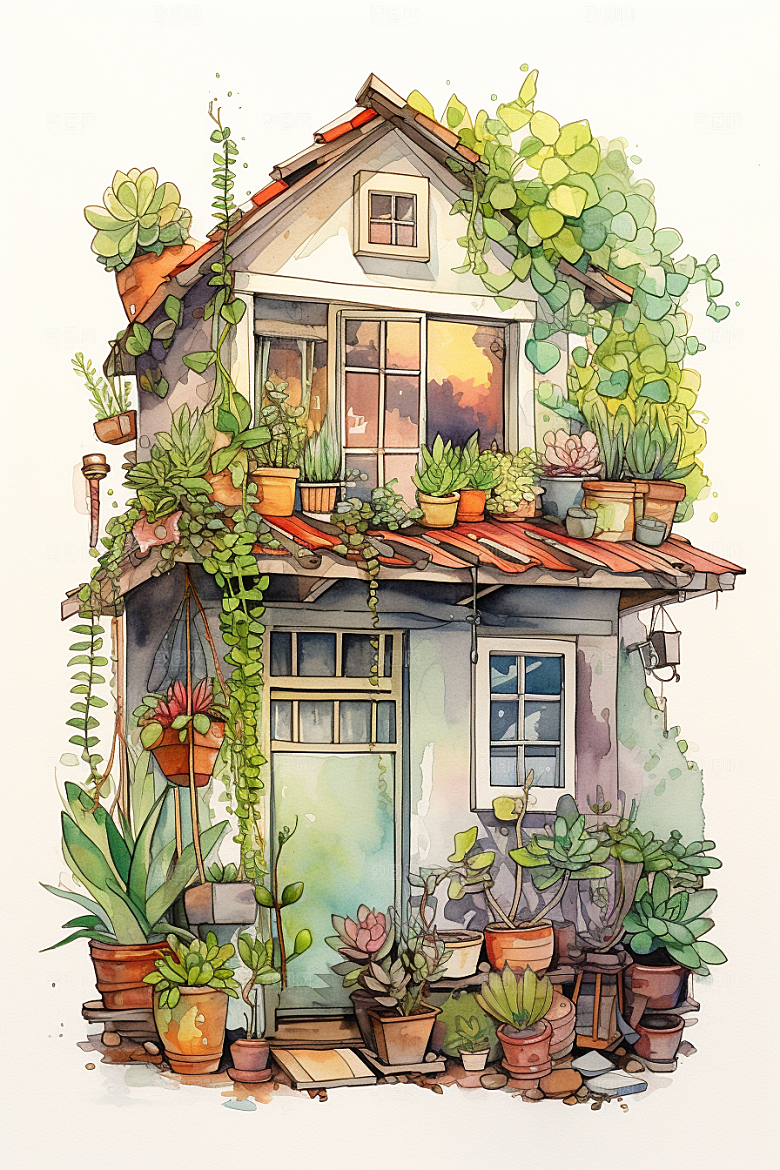 自然小屋庭院清新水彩插画