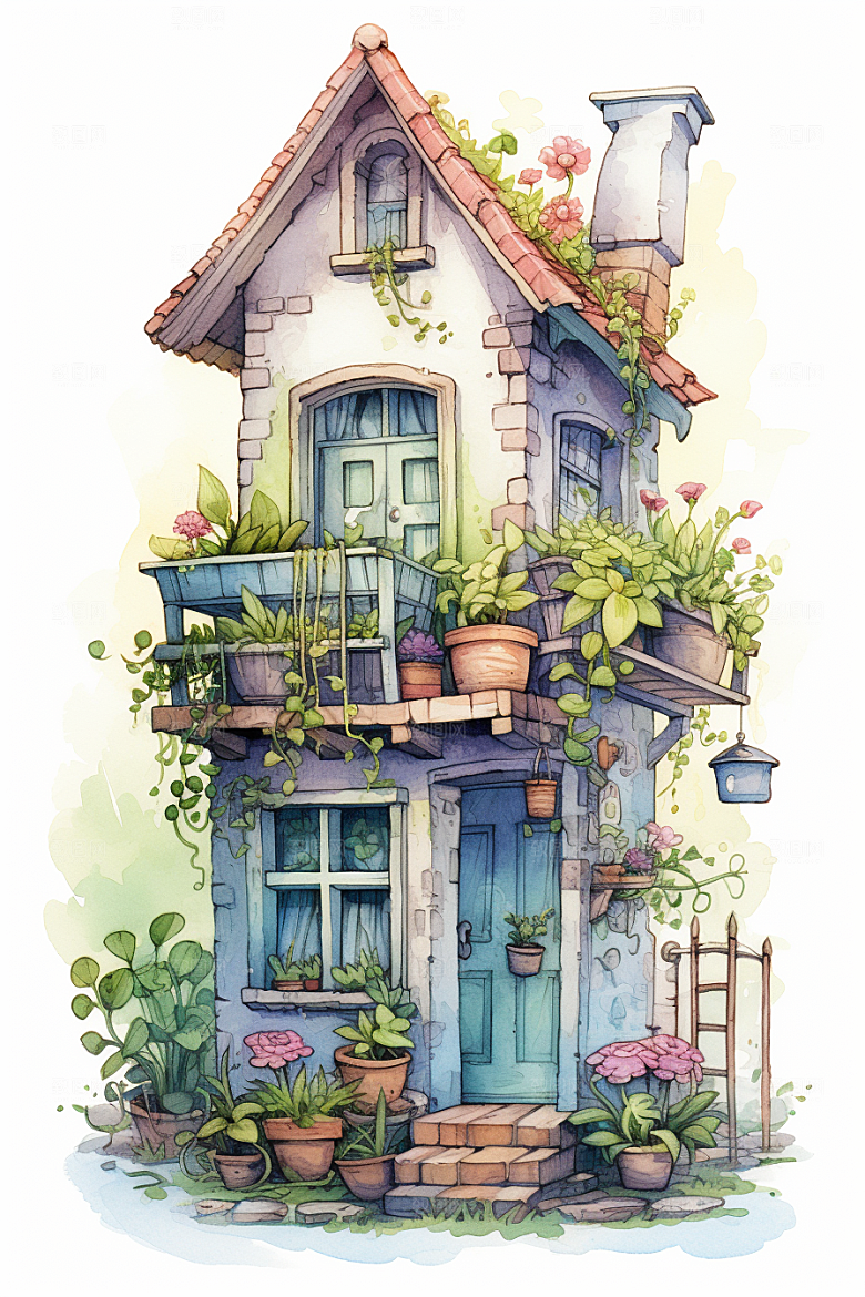 自然小屋花草绿色水彩插画