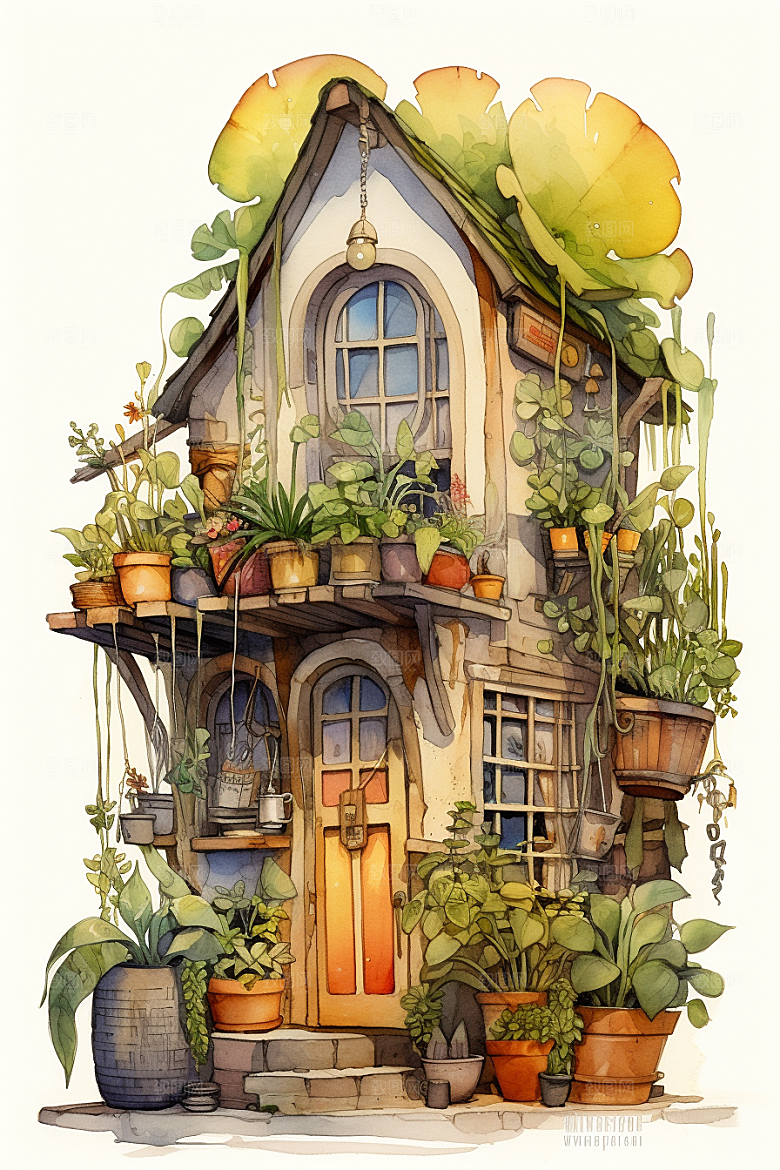 自然小屋绿植绿色水彩插画